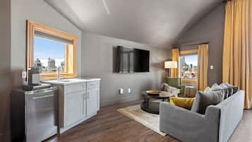 Exclusive Studio Suite, 1 King Bed with Sofa bed, Balcony, City View | Living area | 50-inch Smart TV with digital channels, Netflix, Hulu