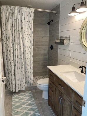 Shower, hair dryer, towels, toilet paper