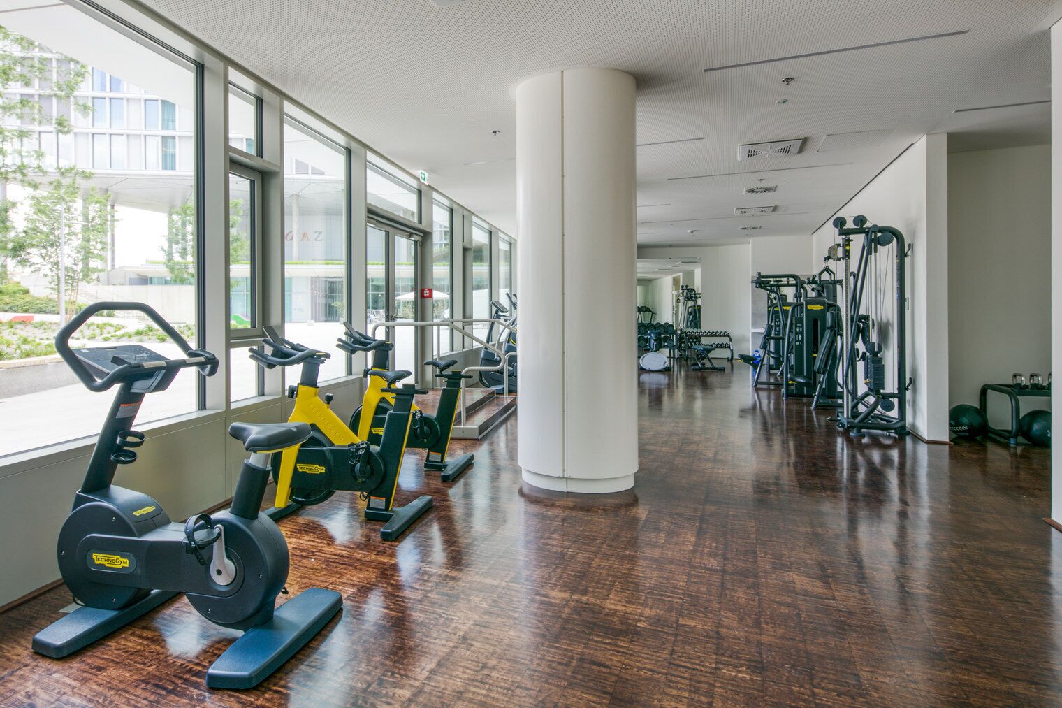 Ein Fitnessstudio mit Ergometer, Laufbändern und Krafttrainingsgeräten.