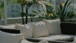 A balcony with a sofa, cushions, and potted plants.