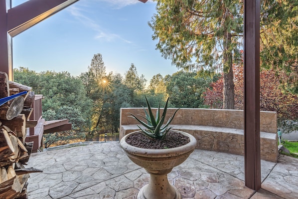 A stone patio with a potted aloe vera plant, a wooden bench, and a stone staircase leading to a covered area.
