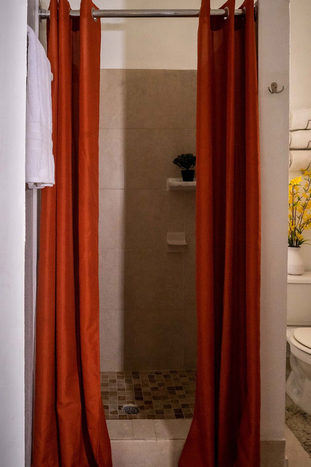 Combined shower/bathtub, hair dryer, towels, soap