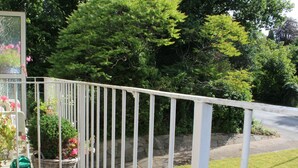 Ein Balkon mit Metallgeländer, der auf einen Garten und eine Straße hinausblickt.