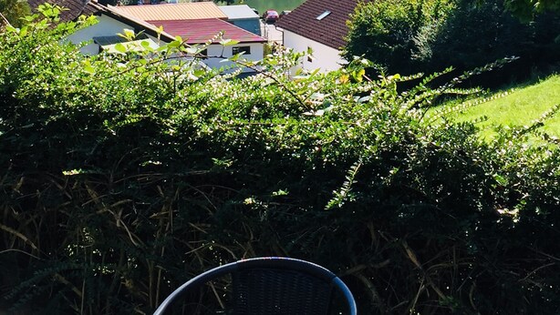 On voit une rivière avec, en arrière-plan, une colline boisée. Au premier plan, on aperçoit des bâtiments avec des toits rouges.
