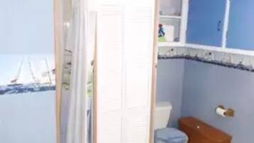 Combined shower/bathtub, hair dryer, towels, soap
