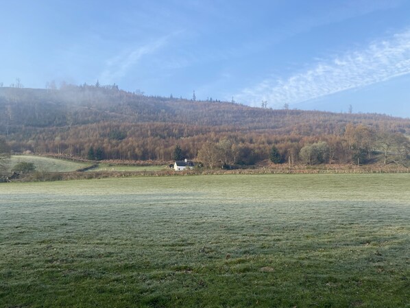 A rural landscape with a house on a hill, surrounded by fields and trees.