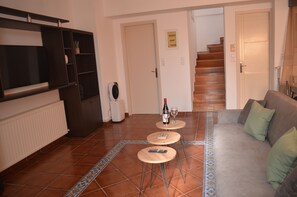 Smart TV, fireplace, DVD player, books