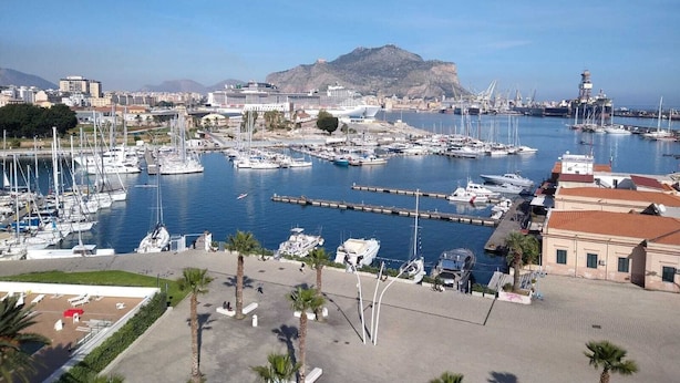 Una marina con varias embarcaciones amarradas, un gran crucero y una montaña imponente al fondo.