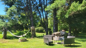 An outdoor seating area with wicker furniture, a hammock, and a fire pit.