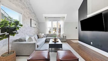 Smart TV, fireplace, video games, table football