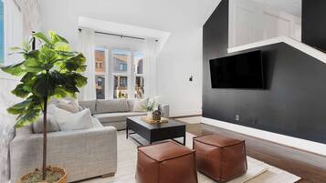 Smart TV, fireplace, video games, table football