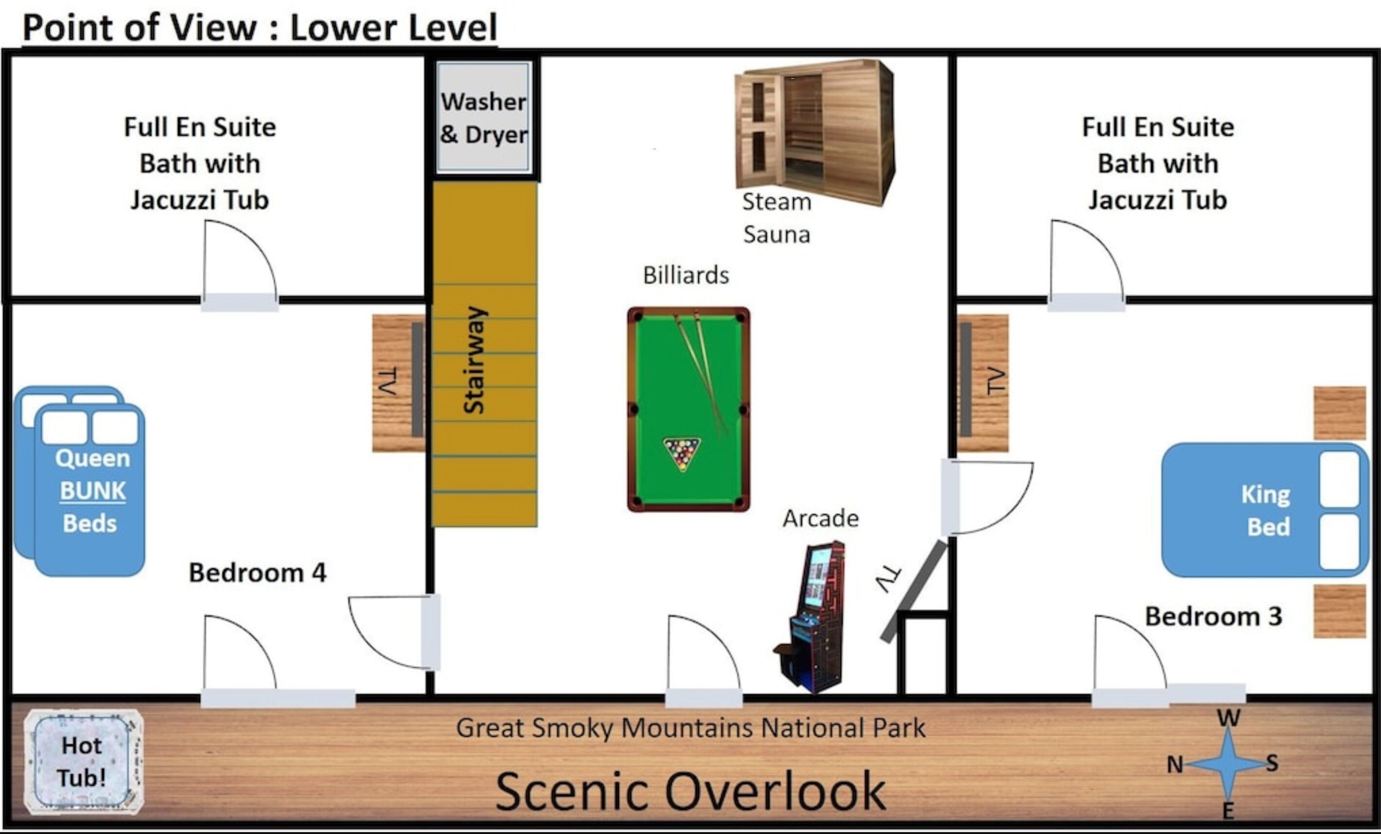 A hotel layout with a steam sauna, billiards, arcade, and a hot tub.