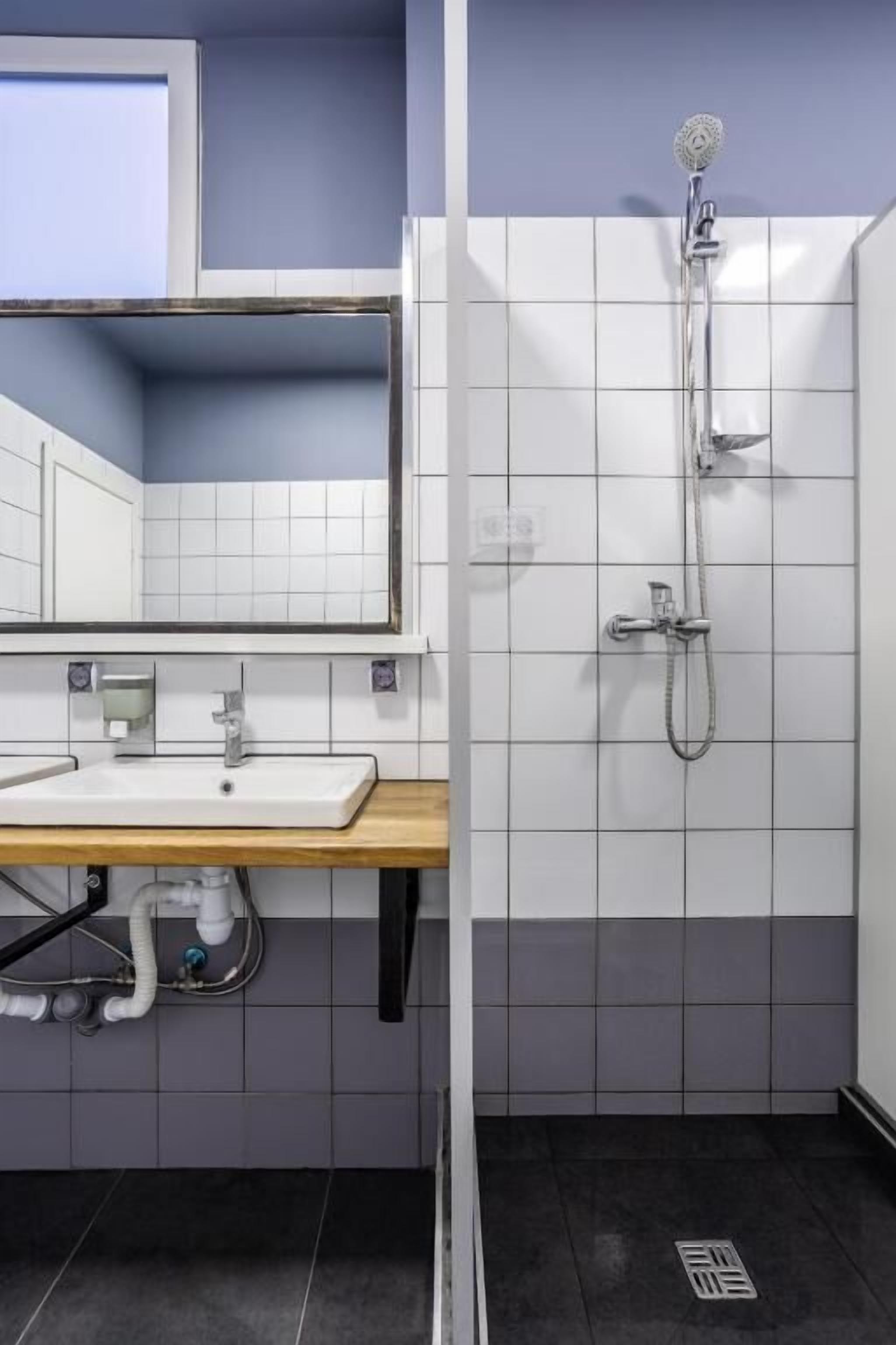 A bathroom with a white sink, mirror, and shower.