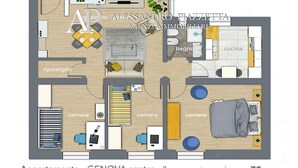 Distribución de un apartamento de tres habitaciones, con sala de estar, cocina, comedor y dos dormitorios.
