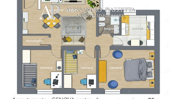 A 3-bedroom apartment layout with a living room, kitchen, dining area, and two bedrooms.