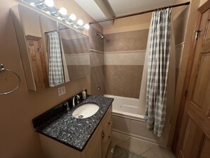 Combined shower/bathtub, hair dryer, towels, soap