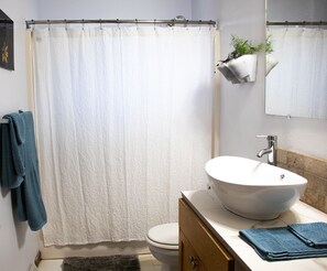 Ensemble douche/baignoire, sèche-cheveux, serviettes fournies, savon
