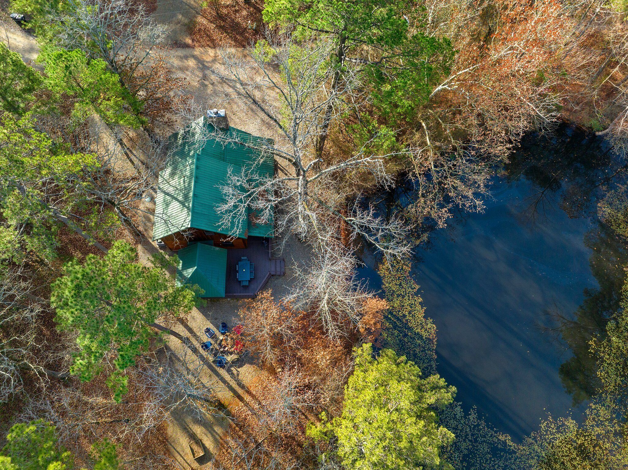 A cabin with a green roof, surrounded by trees and a body of water.