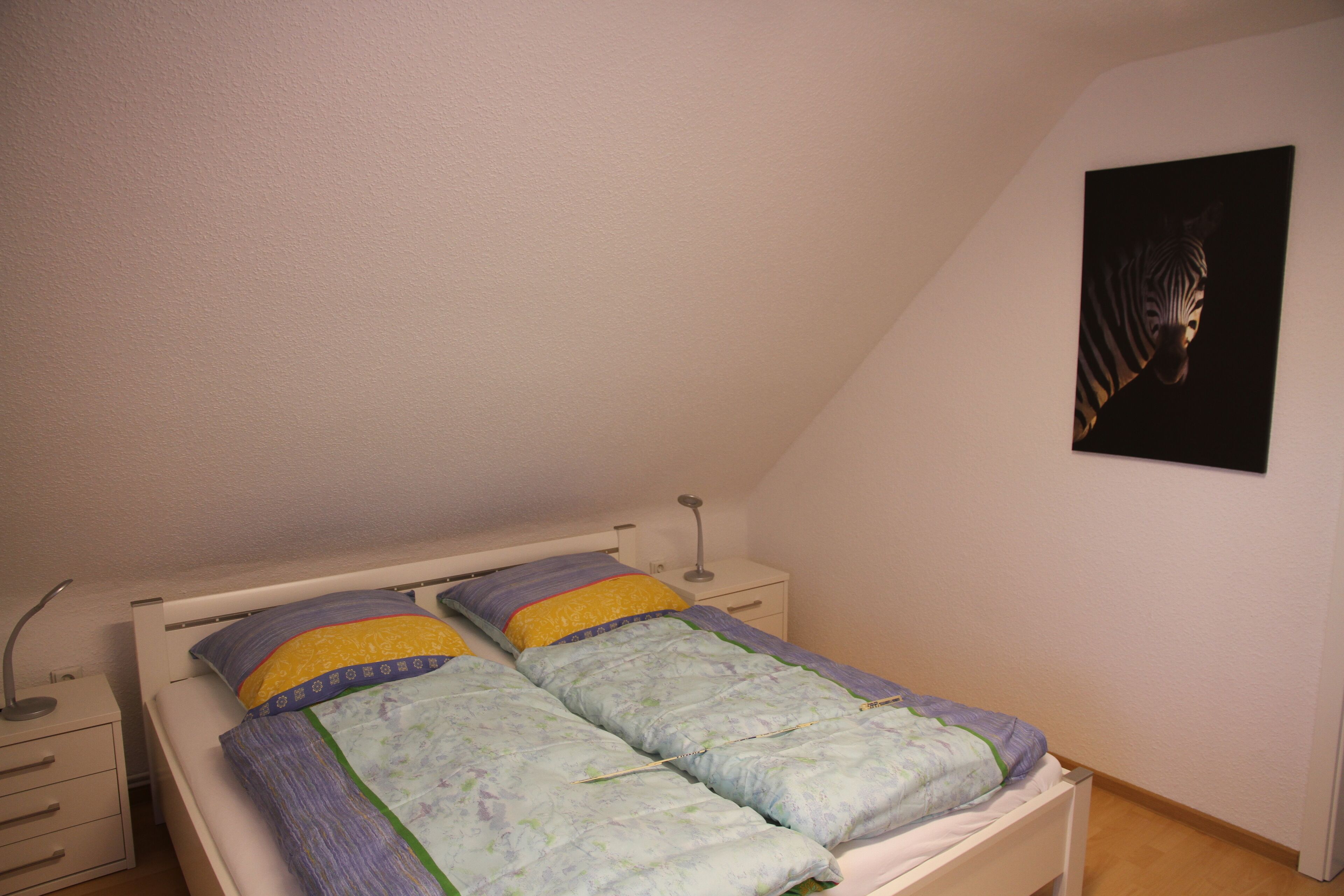 A single bed with a white headboard, two pillows, a bedside table with a lamp, and a wall-mounted zebra painting.
