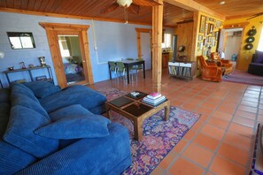 Smart TV, chimenea, libros y biblioteca musical