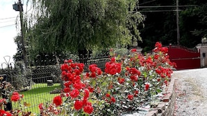 Een bakstenen muur met een rij rode bloemen, een grindpad en een rode poort op de achtergrond.