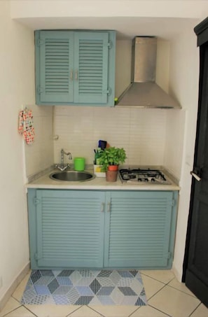 A compact kitchen with teal cabinets, a gas stove, a sink, and a small potted plant.