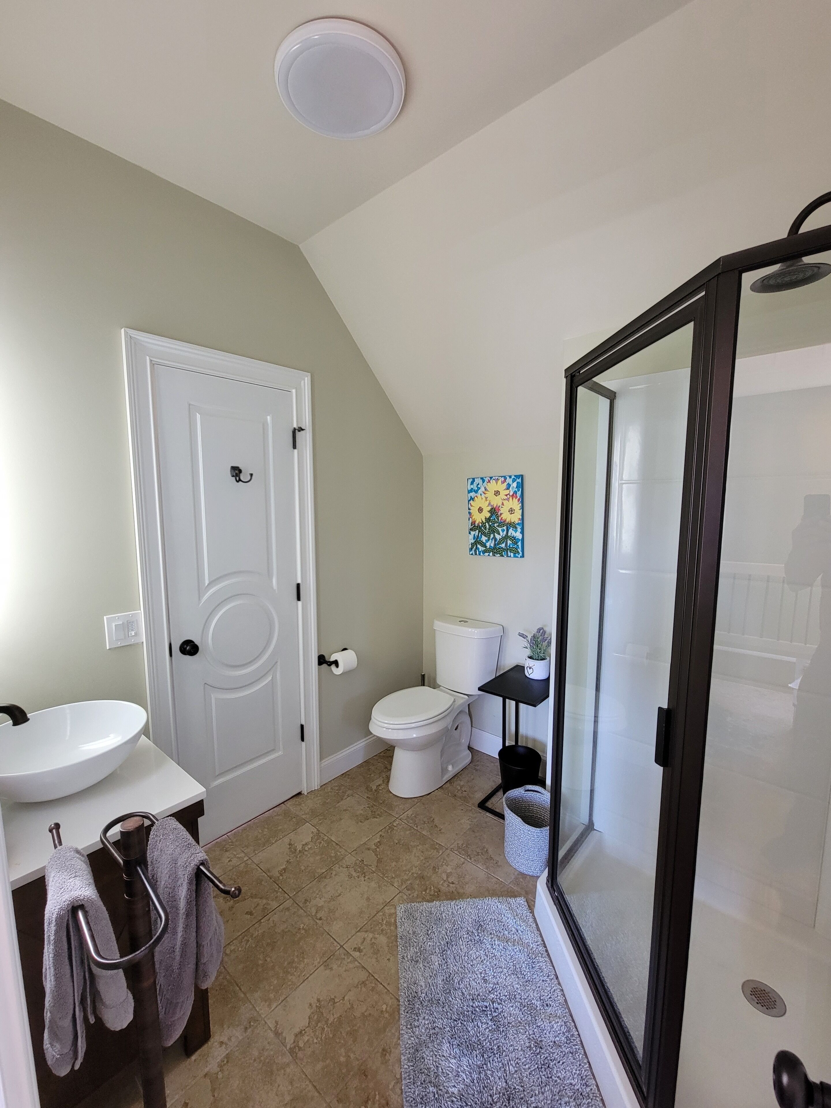 Un bagno con il water, un lavabo e una zona doccia.