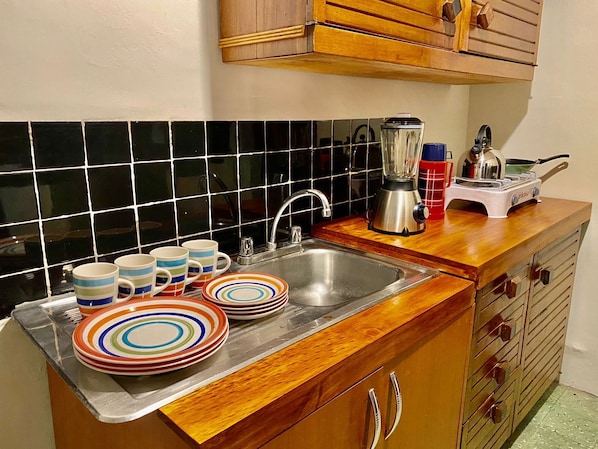 Fridge, microwave, stovetop, blender