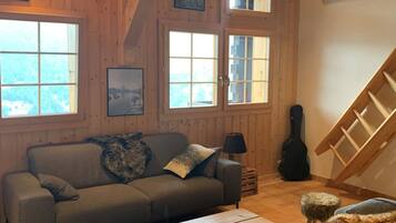 Un intérieur de chalet chaleureux avec un canapé, une table basse et un chien.