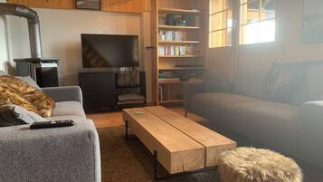 Un salon confortable avec une cheminée, un téléviseur, une bibliothèque et un canapé.