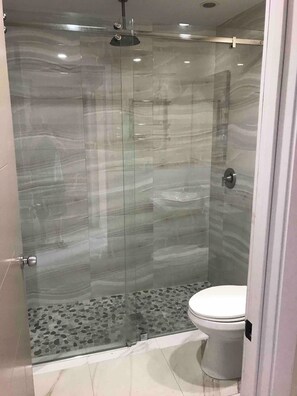 Hair dryer, towels, soap, toilet paper