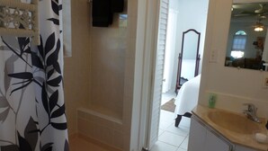 Een badkamer met een douche, wastafel en spiegel.