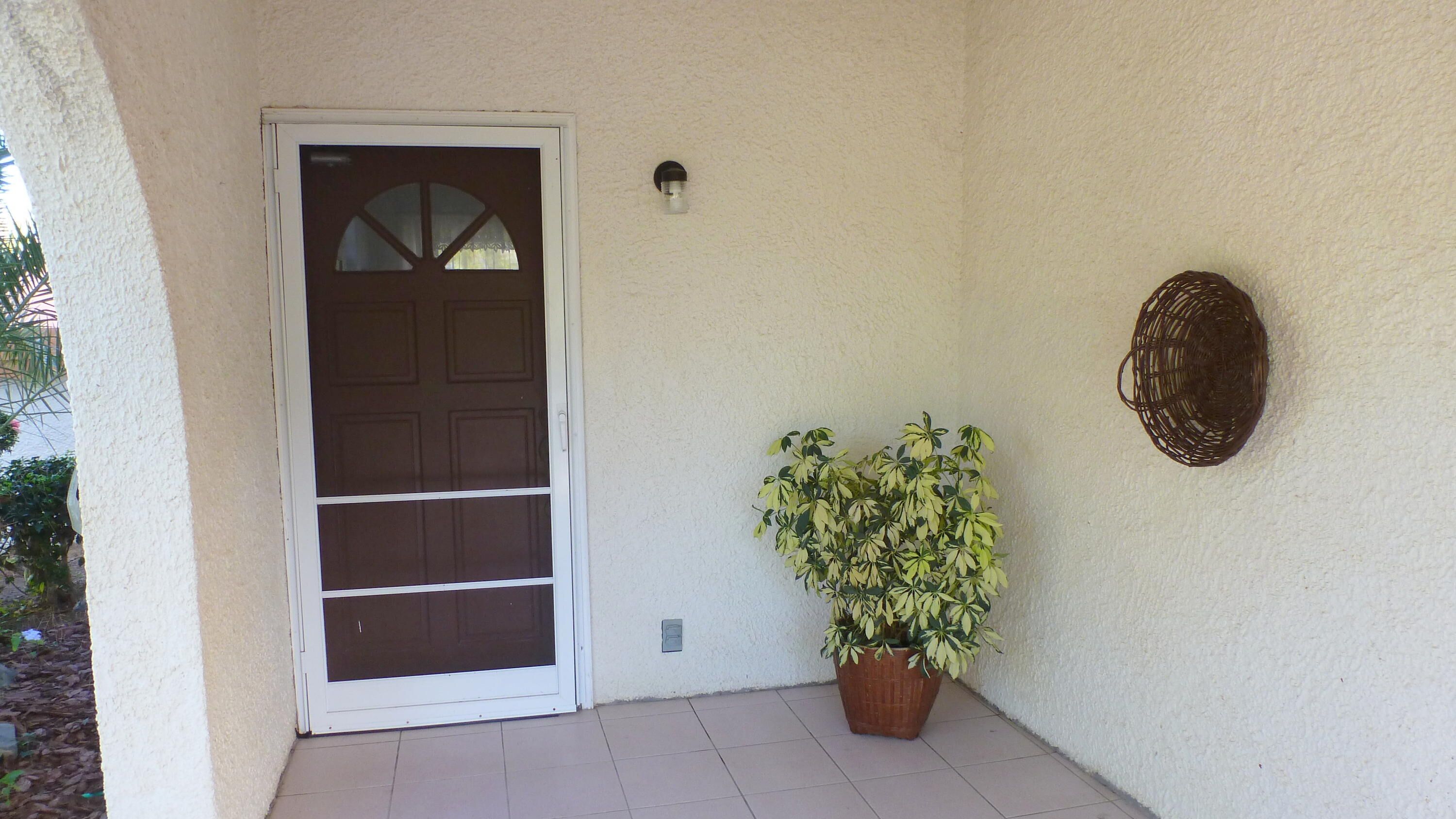 A door with a frosted glass panel, a potted plant, and a wall-mounted decorative item.