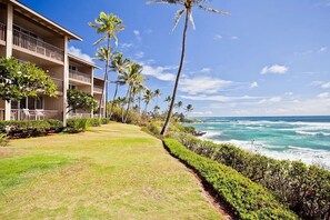 Enjoy ocean views from the hotel's spacious balconies overlooking a lush lawn and tropical vegetation.