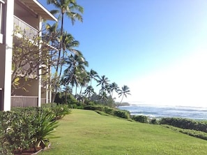 A hotel with a balcony overlooking a lawn and palm trees, with a view of the ocean.