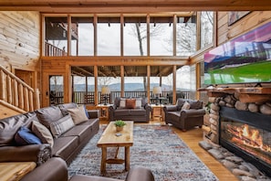 Smart TV, fireplace, foosball, books