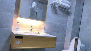 A modern bathroom with a wooden vanity, a mirror, a toilet, and a towel rack.