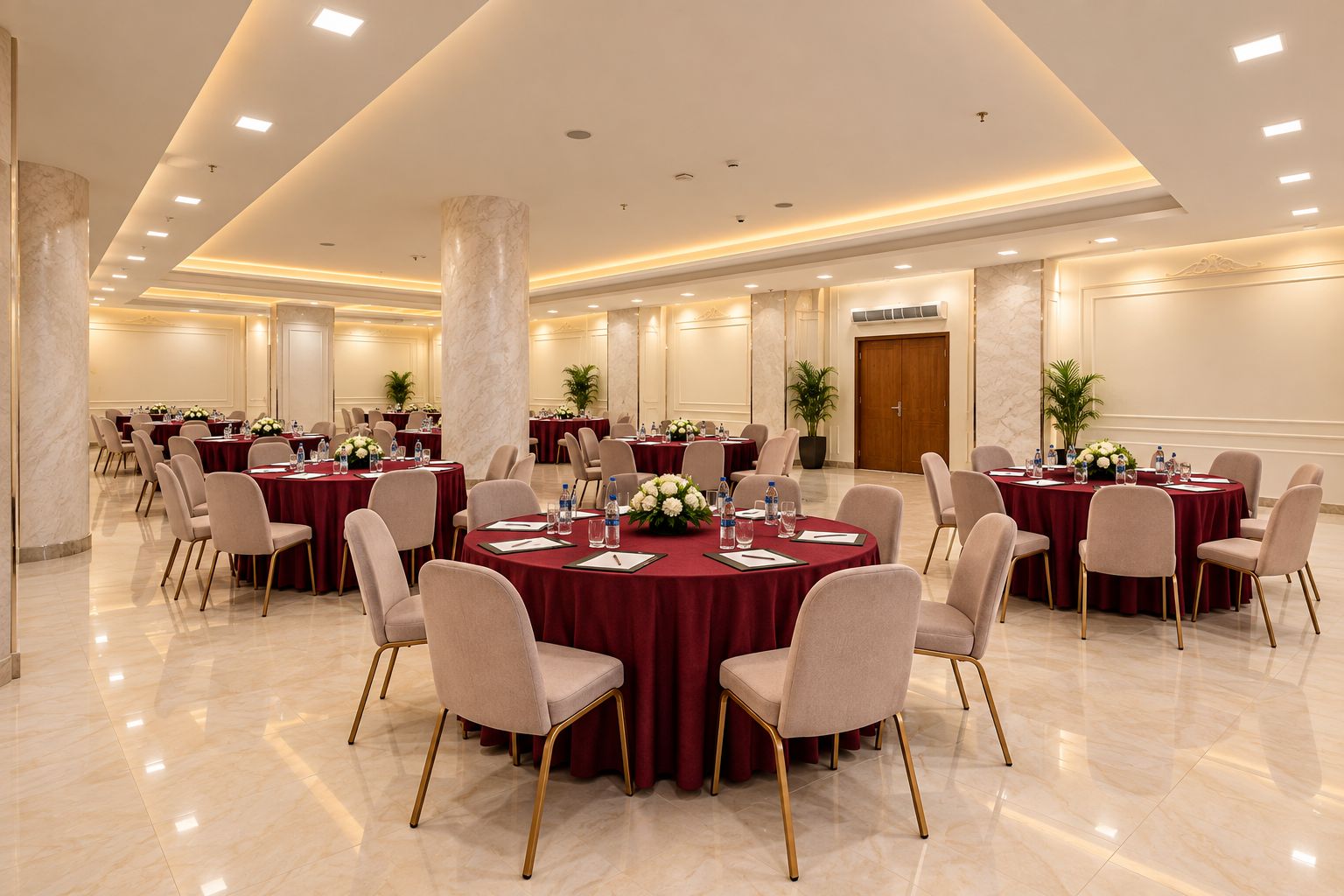 Un salón de conferencias con mesas redondas, sillas y centros de mesa con flores.