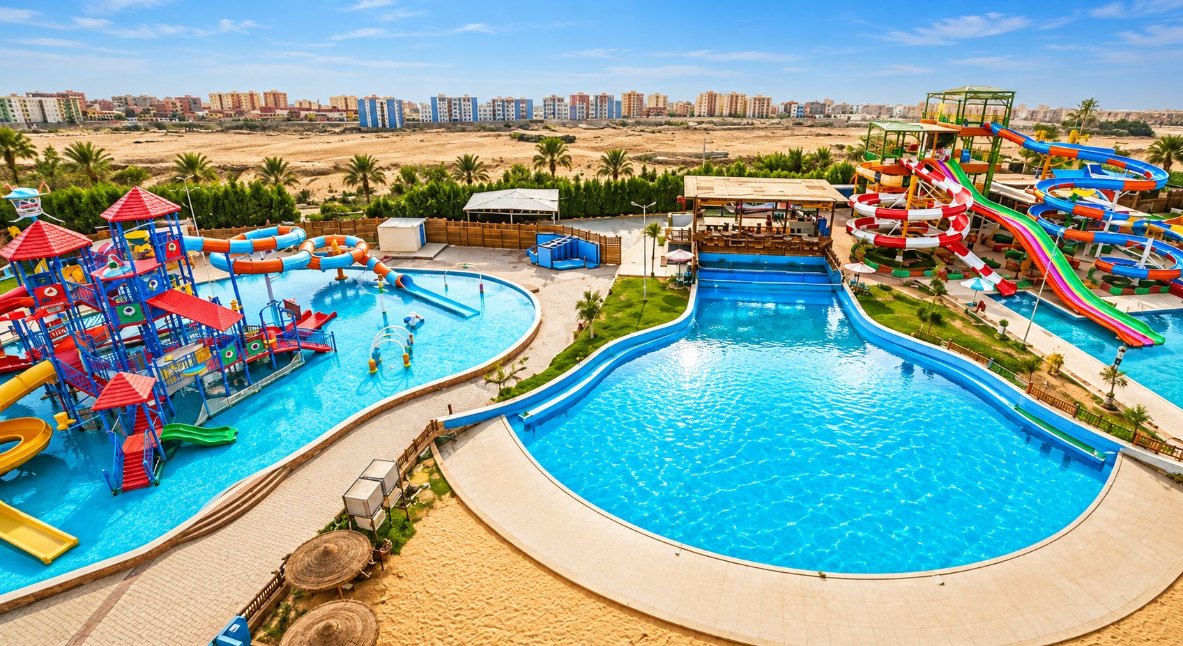 Ein großer Swimmingpool mit mehreren Wasserrutschen und Wasserspielbereichen, umgeben von einem Sandstrand und Palmen.