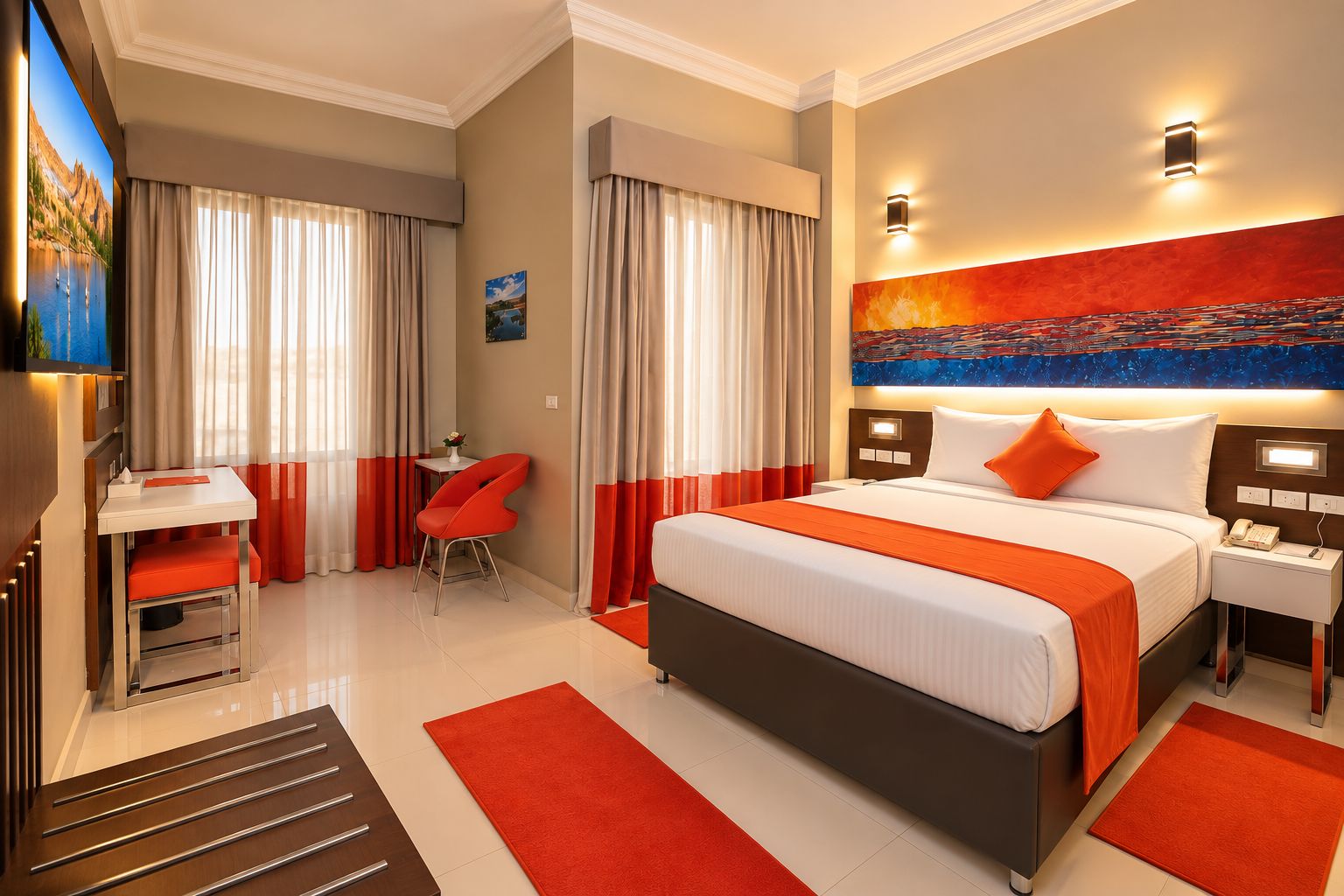 Une chambre d’hôtel avec un lit, un bureau, une chaise et un téléviseur.