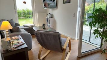 Fernseher, Bücher, Musikbibliothek, Stereoanlage
