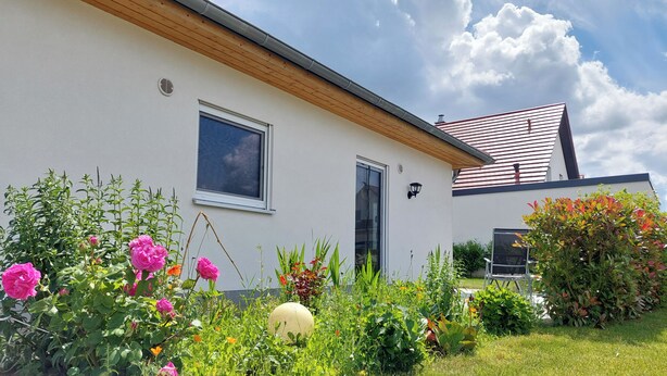 A modern house with a white exterior, a wooden roof, and a garden with various plants and flowers. - Vacation apartment for 2-3 persons on the outskirts of Wittingen (Wittingen)