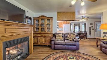 Smart TV, fireplace, books