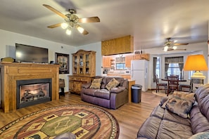 Smart TV, fireplace, books