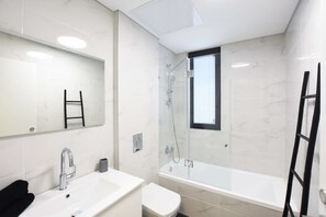 Shower, hair dryer, towels