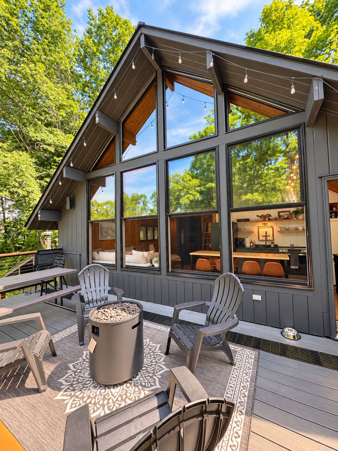 A modern house with a deck, large windows, and outdoor seating.