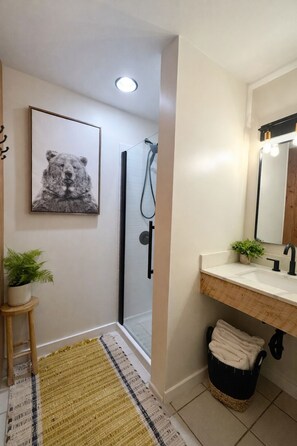 Douche, séchoir à cheveux, serviettes fournies, savon