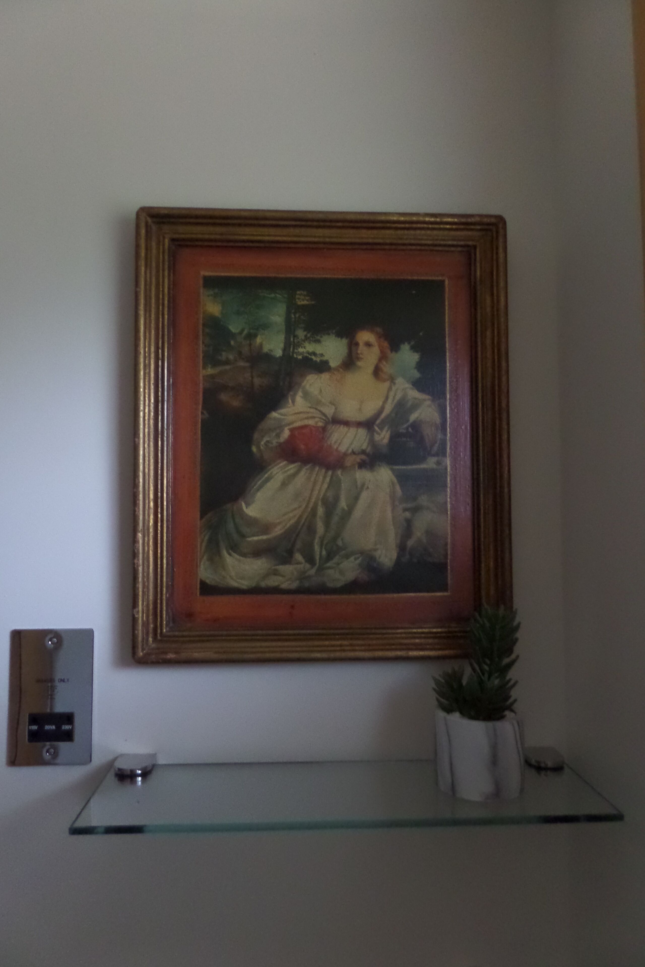 A framed painting on a wall, a small shelf with a potted plant, and a thermostat on the wall.