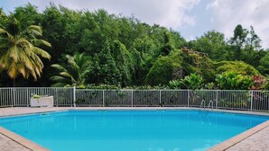 Una piscina rectangular con borde de piedra, rodeada por una valla de metal blanco y abundante vegetación al fondo.