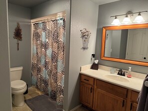 Tina con regadera, secadora de cabello, toallas, jabón 